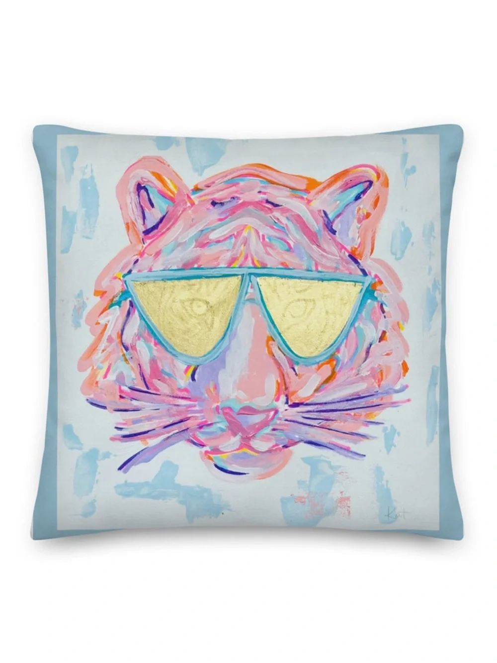 Colorful Tiger Face Pillow with Gold Sunglasses